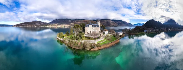 Gordijnen Amazing scenic lakes of European Alps - beautiful Annecy with fairytale castle Duingt. aerial panoramic view. France travel © Freesurf
