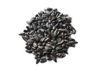 Heap of sunflower seeds isolated on white, top view