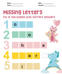 Missing letters worksheet. Complete the letters for number in English. Kids educational game. Printable worksheet for preschool. Writing practice. Vector file.