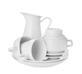 Set of clean dishes on white background