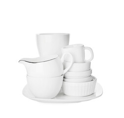 Set of clean dishes on white background