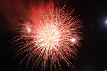 Beautiful fireworks lighting up night sky outdoors