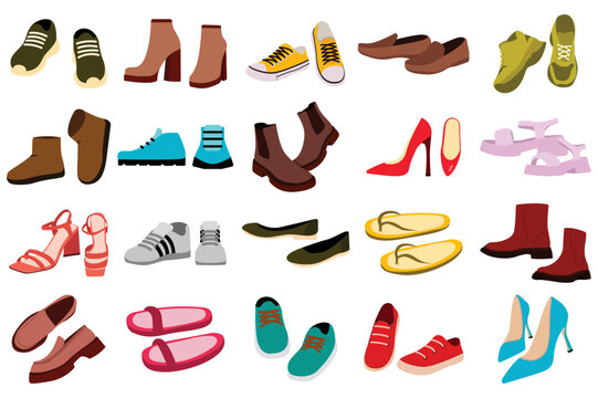 Footwear set concept without people scene in the flat cartoon design. Images of different types of men's and women's shoes. Vector illustration.