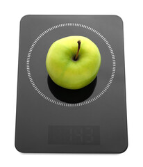 Modern kitchen scale with fresh green apple isolated on white