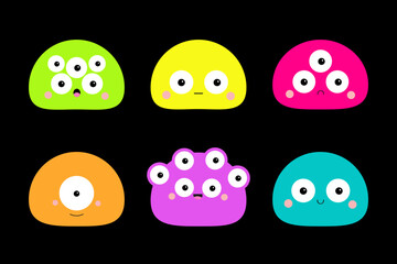 Monster face set. Cute cartoon kawaii scary funny character. Round head. Happy Halloween. Colorful silhouette. Different emotion. Baby collection. T-shirt design. Flat design. Black background.