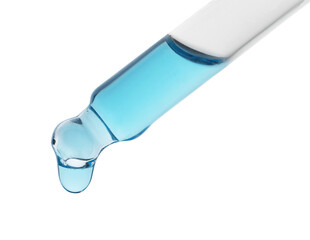 Dripping light blue facial serum from pipette on white background, closeup