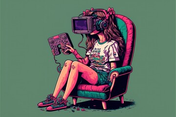 a girl setting on an armchair wearing a VR headset in a style of the 1990s point and clicking 16bit generative ai pixel art