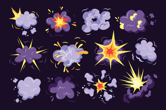 Boom explosion set concept without people scene in the flat cartoon style. Image of festive explosions on a dark background. Vector illustration.