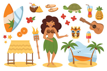 Hawaii vector set set concept with people scene in the flat cartoon design. Images of Hawaiian paraphernalia that convey its atmosphere. Vector illustration. - obrazy, fototapety, plakaty