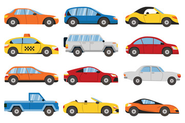 Cars vector set set concept without people scene in the flat cartoon style. Images of a large number of different vehicles. Vector illustration.