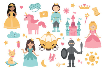 Cartoon medieval fairy tale characters set concept without people scene in the flat cartoon design. Images of various characters found in fairy tales. Vector illustration.