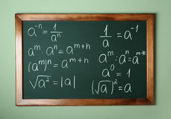 Fototapeta premium Chalkboard with many different math formulas on green wall