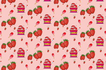 Pattern with strawberry flavored cup and stick ice cream elements and strawberry balls. abstract pattern vector background for design illustration