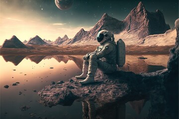 person sitting on a rock in the night. Generative AI