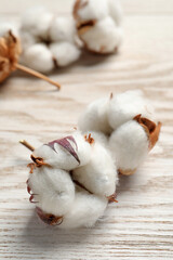 Fluffy cotton flowers on white wooden table, closeup. Space for text