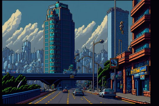 Pixelart cityscape generative ai 16-bit style