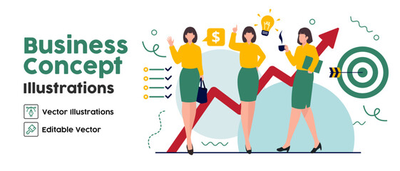 Business Concept illustrations. set Collection of scenes with women taking part in business activities. Vector illustration