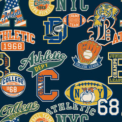 College athletic elements badges patchwork vintage vector seamless pattern for sport wear - obrazy, fototapety, plakaty
