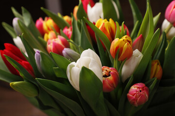 Beautiful bouquet of colorful tulip flowers, closeup - obrazy, fototapety, plakaty