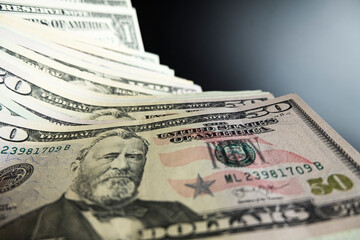 Portrait of US president Ulysses Simpson Grant on 50 dollars banknote closeup macro fragment....