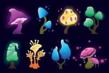 Obraz na płótnie Canvas Fantasy flowers, trees, and mushrooms set concept without people scene in the flat cartoon design. An image of fantastic mushrooms, trees and plants on a dark background with a neon background.