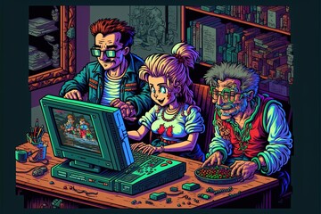 Fototapeta premium A retroactive group of young people gaming in a style of 1990s point-and-click 16bit games generative ai pixelart 