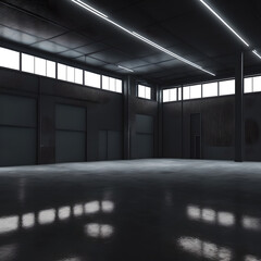 Obraz premium interior of a modern building, a dark empty warehouse with space for overlay text