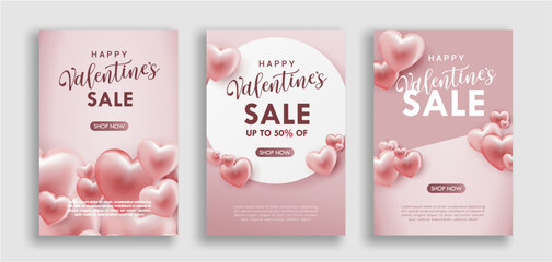 Valentine's day concept, vertical banners set. Vector illustration. 3d red and pink paper hearts frame. - 560359358