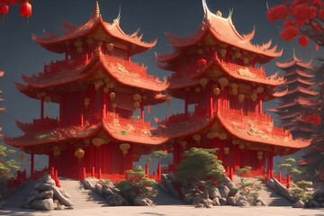 Chinese temple during Chinese New Year celebration using Generative AI