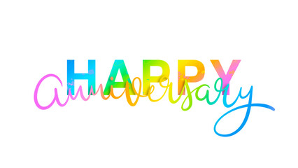 HAPPY ANNIVERSARY banner with brush lettering and hand drawn motifs on transparent background