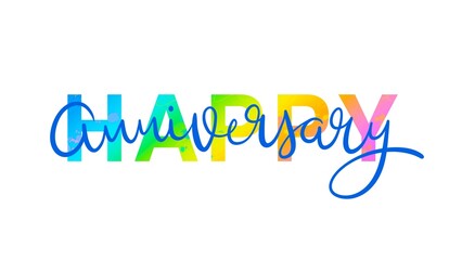 Fototapeta na wymiar HAPPY ANNIVERSARY banner with brush lettering and hand drawn motifs
