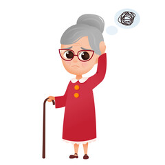 Senior woman leans on cane with dementia. Sad Elderly female confused person with Alzheimer's disease