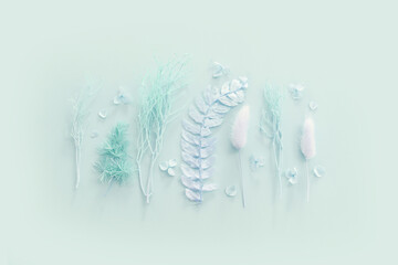 Top view image of mint dry flowers over pastel background .Flat lay