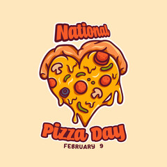 National Pizza Day. pizza slices illustration. Love, Heart Shape Cartoon Pizza . Pizza Day Poster Banner Background