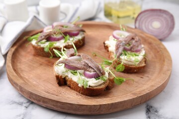 Delicious bruschettas with anchovies, cream cheese, red onion and greens on white marble table