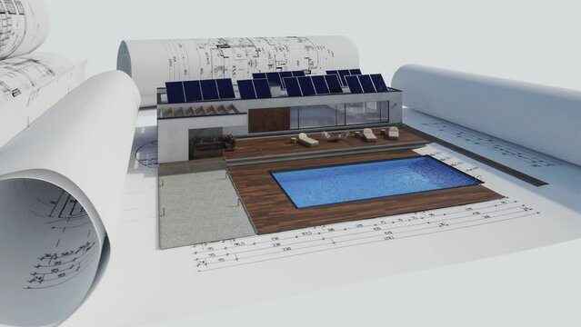 Entwurf eines modernen, energieeffizienten Bungalow mit Swimmingpool (Kamerafahrt-Loop um das Objekt herum)- 3D Visualisierung