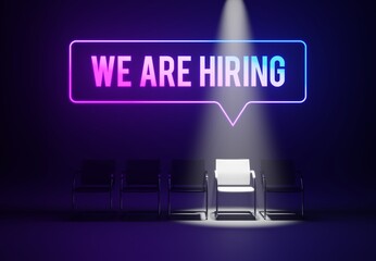 We are hiring text blue and purple colors, join our team light spot on white chair - waiting interview dark room
- 560360316
