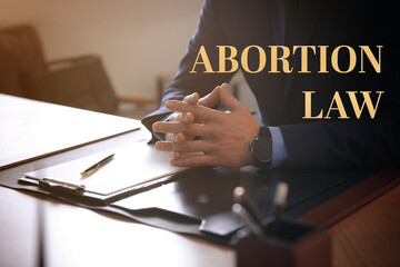 Abortion law. Male lawyer at table in office, closeup