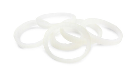 Fresh ripe onion rings on white background