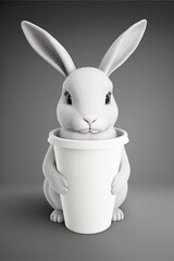 Obraz premium coffee mug mockup with rabbit. AI Generated mockup of a cartoonish rabbit hold coffee mug. Blank Cup mock up.