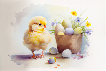 Easter chick surrounded by colourful eggs with a pastel watercolour effect which is useful for a yellow chicklet greeting card in spring, computer Generative AI stock illustration image