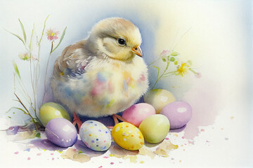 Easter chick surrounded by colourful eggs with a pastel watercolour effect which is useful for a yellow chicklet greeting card in spring, computer Generative AI stock illustration image - obrazy, fototapety, plakaty