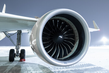 Close-up of engine of big passenger airliner at winter night © Dushlik