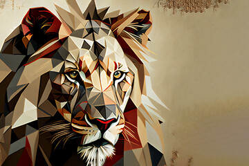 Geometric lion head with the face in a polygon abstract pattern, computer Generative AI stock illustration image