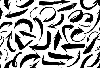 Hand drawn bold curved arrows seamless pattern. Vector black arrows collection. Sketchy design, swirled lines in grunge style. Curved and swirl lines. Squiggly brush drawn strokes. 