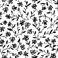 Small flowers on stems seamless pattern. Scattered cute flowers with thin stems and small leaves. Ditsy print. Simple botanical texture. Black and white spring ornament. Hand drawn botanical elements.