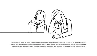 Continuous line design of two sad looking girls. Tired, bored and mental problem design concept. Decorative elements drawn on a white background.