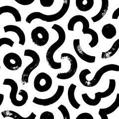 Brush drawn organic lines seamless pattern. Black curved brush strokes with circles. Rounded shapes, stylish structure of natural cells. Simple squiggle smears and dots. Vector monochrome background.