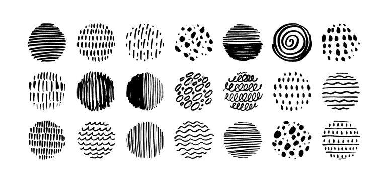Set of round doodle shapes. Brush drawn line circle concentric pattern design. Abstract geometric vortex ring shapes. Vector doodle pattern collection. Spots, drops, curves and lines.