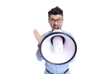 selective focus of man with megaphone announcement. man with megaphone isolated on white